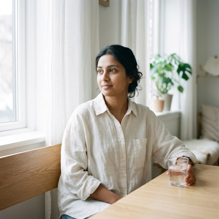 A woman sitting by a window with a glass of water
