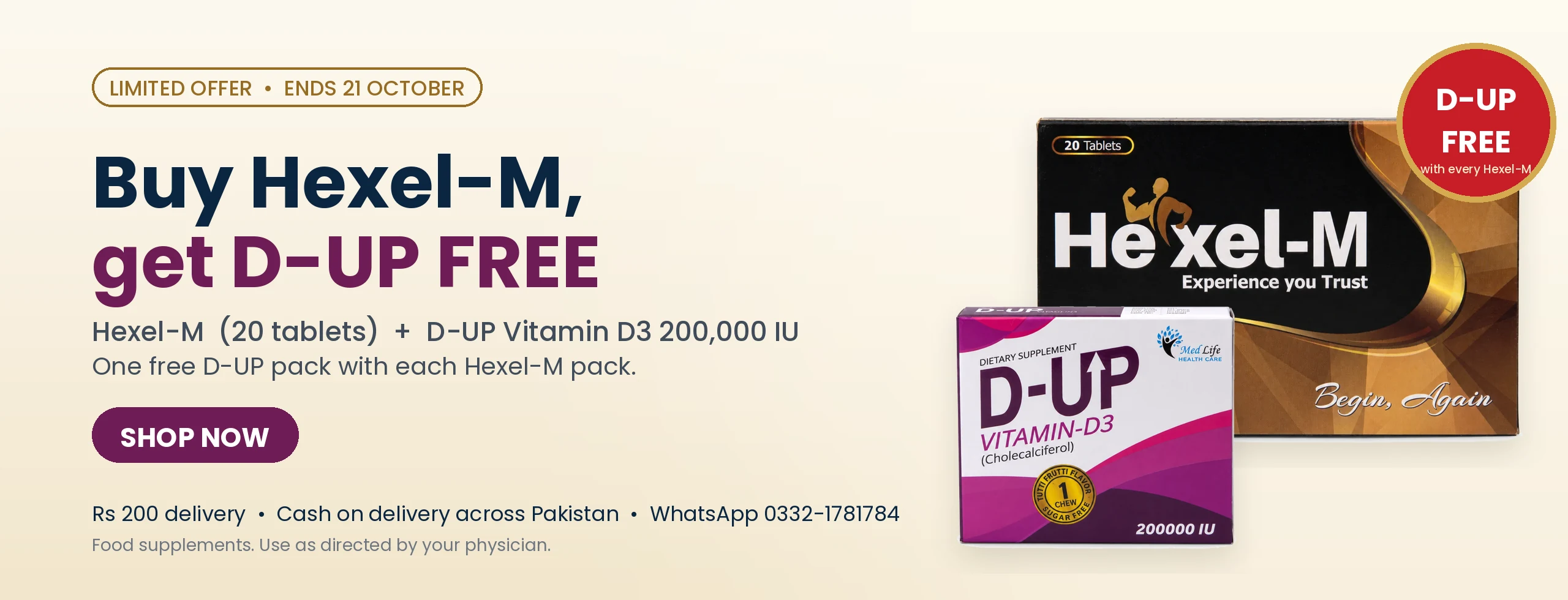 Buy Hexel-M and get D-UP Vitamin D3 free. Offer ends 21 October. Rs 200 delivery, cash on delivery across Pakistan.